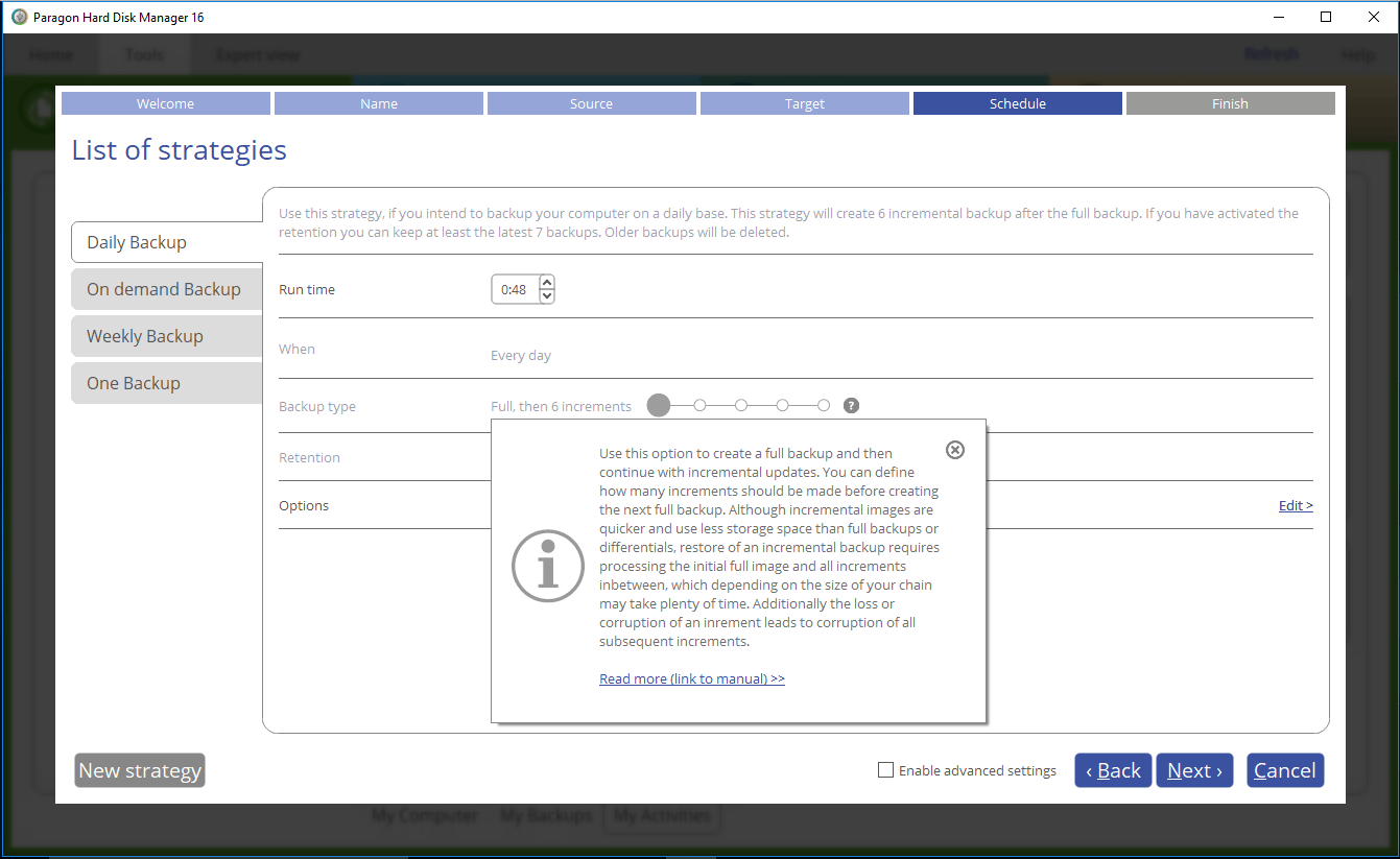 Paragon Hard Disk Manager for Windows. Configure regular backup jobs for computers, volumes, files. Screenshot.