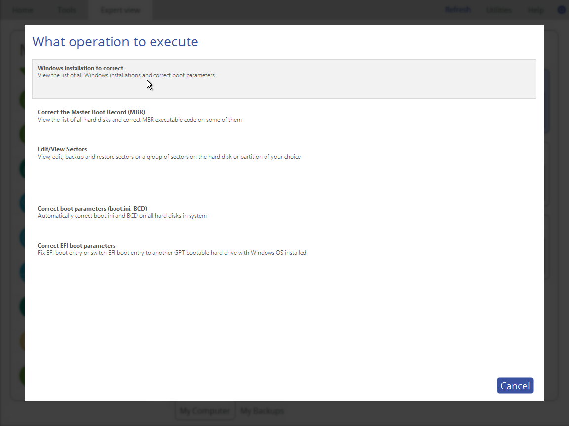 Paragon Hard Disk Manager for Windows. Use Boot Corrector to fix boot issues on Windows. Screenshot.