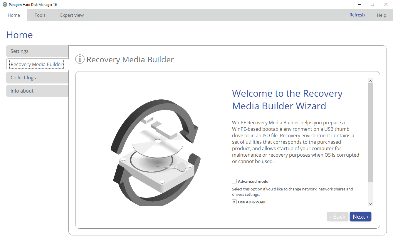 Paragon Hard Disk Manager for Windows. Prepare WinPe-based bootable environment on USB thumb drive | ISO file. Screenshot.