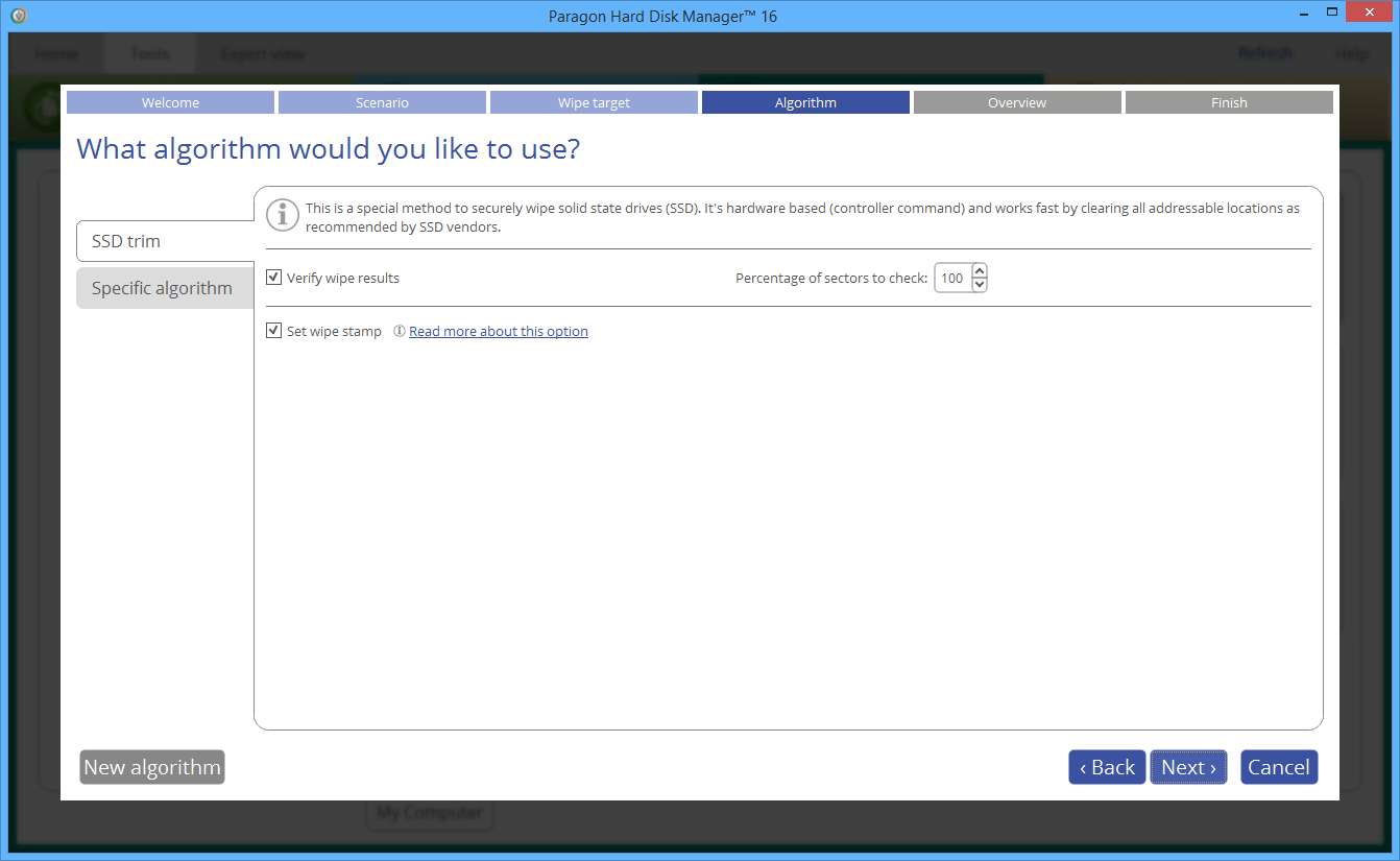 Paragon Hard Disk Manager for Windows. Choose wiping algorithms to erase entire disks, separate partitions or clean free space. Screenshot.
